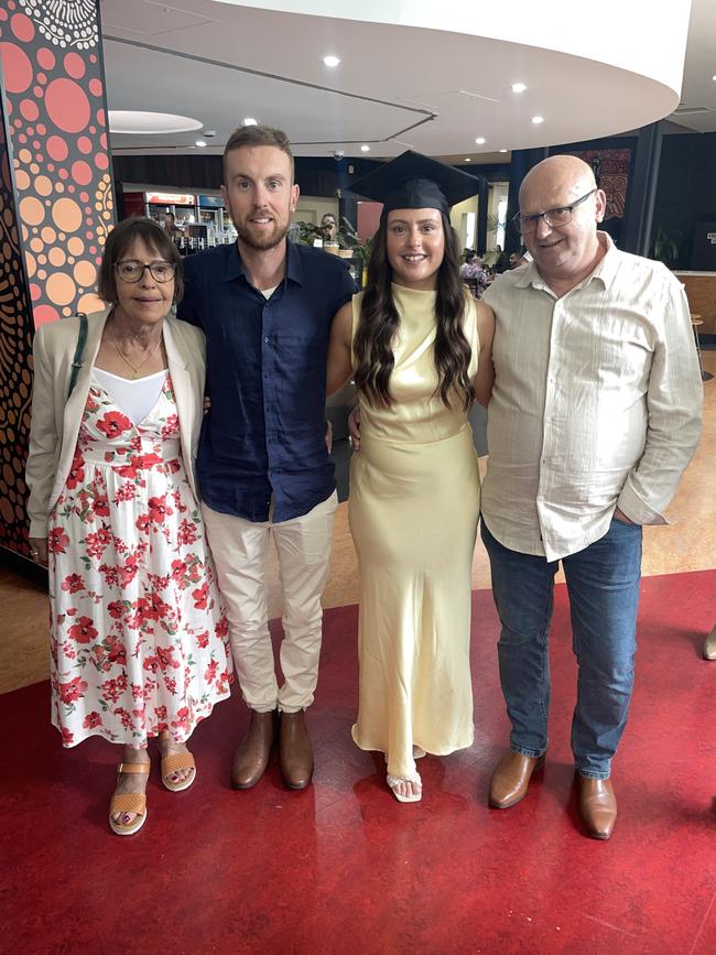 Sharon Endres, Pj O’Meara, Breanna O’Meara (Bachelor of Nursing) and Fred Endres at the Federation University Churchill Campus graduations on Tuesday, March 25, 2025. Picture: Jack Colantuono