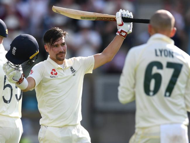 BIRMINGHAM, ENGLAND - AUGUST 02: Rory Burns of England celebrates reaching his century during day two of the 1st Specsavers Ashes Test between England and Australia at Edgbaston on August 02, 2019 in Birmingham, England. (Photo by Gareth Copley/Getty Images)