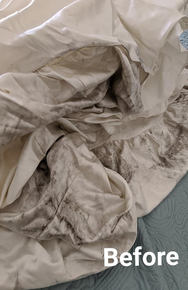 A bride has shared the $4 trick behind cleaning her dirty wedding dress with impressive results. Picture: Supplied
