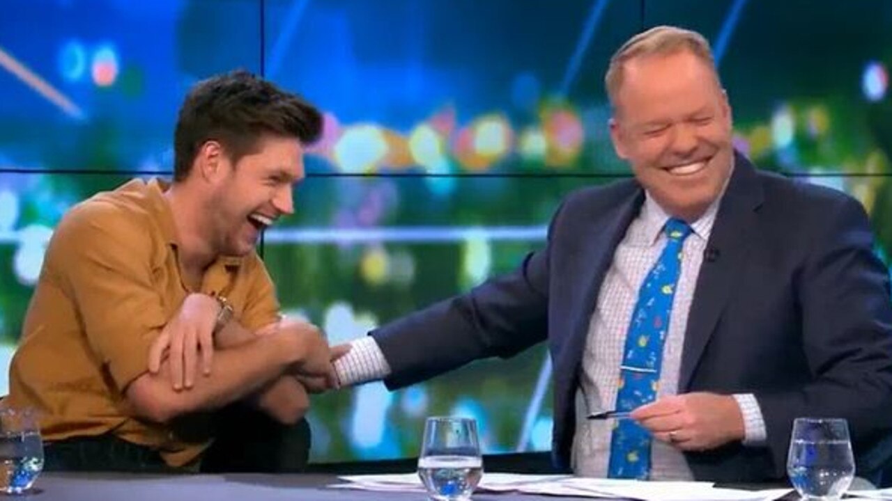 Horan and Helliar could barely contain themselves following the cheeky joke. Picture: Channel 10.