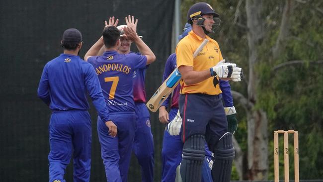 Frankston Peninsula players celebrate a wicket against Kingston Hawthorn. Picture: Valeriu Campan