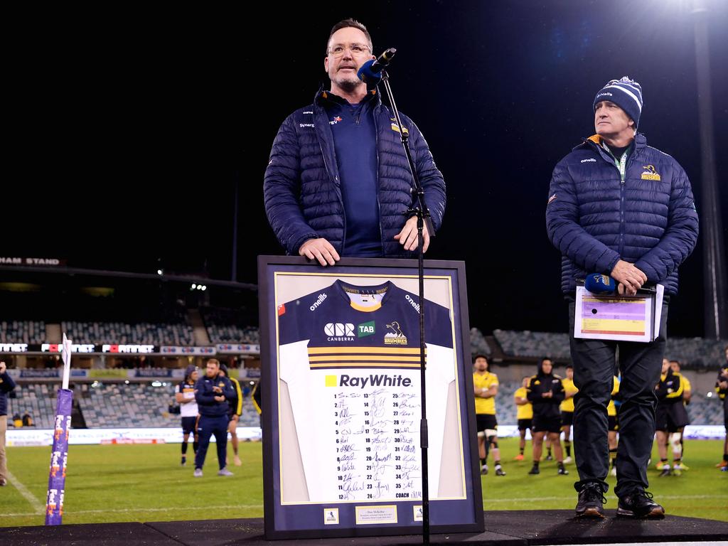 Brumbies head coach Dan McKellar speaks at his farewell after the Super Rugby Pacific quarterfinal match between the Australia's Brumbies and New Zealand's Hurricanes. (Photo by Tracey Nearmy / AFP)