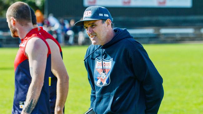 Lockleys coach Stephen Zweck during one of the quarter breaks in the 2020 Adelaide Footy League division five grand final against Kenilworth. Picture: Brenton Edwards