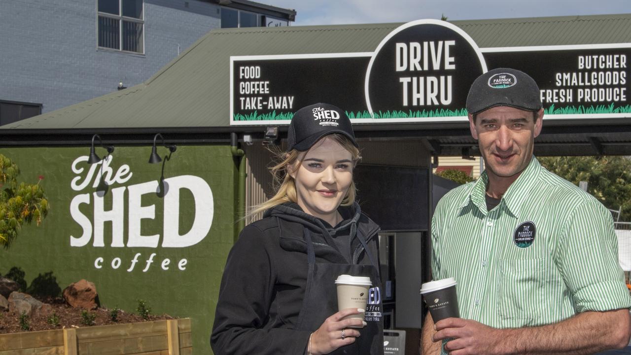 COFFEE TO GO: Opening new business The Shed Coffee Drive Thru on Monday are barista Kate Armstrong and owner Ted Ellison. Picture: Nev Madsen.