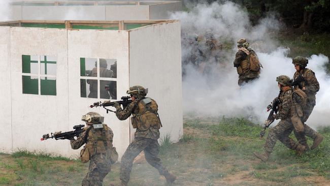 US servicemen take part in a military drill in western Ukraine in 2015. Picture: AFP.