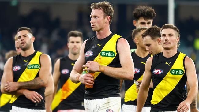 MELBOURNE, AUSTRALIA - MARCH 31: Dylan Grimes of the Tigers looks dejected after a loss during the 2023 AFL Round 03 match between the Collingwood Magpies and the Richmond Tigers at the Melbourne Cricket Ground on March 31, 2023 in Melbourne, Australia. (Photo by Michael Willson/AFL Photos via Getty Images)