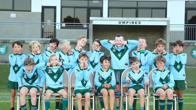Geelong Ammos Grose under-9 football team pull their funniest faces. Picture: Alison Wynd