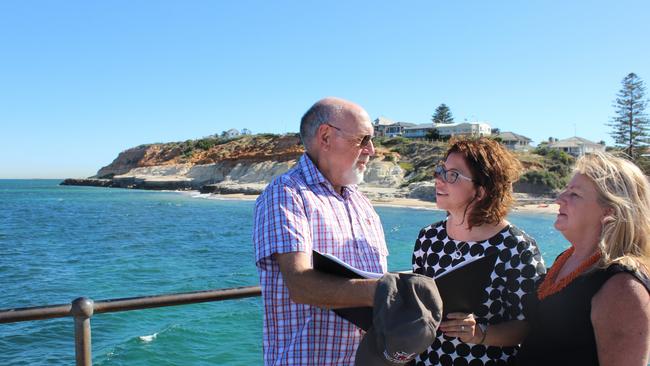 Kingston Labor MP Amanda Rishworth with Jeanette Howell from the Port Noarlunga Business and Tourism Association with Witton Bluff in the background.