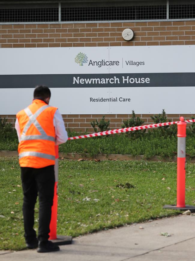 The entrance to Anglicare's Newmarch House at Caddens in western Sydney that has now recorded 16 COVID-19 related deaths. Picture: Richard Dobson