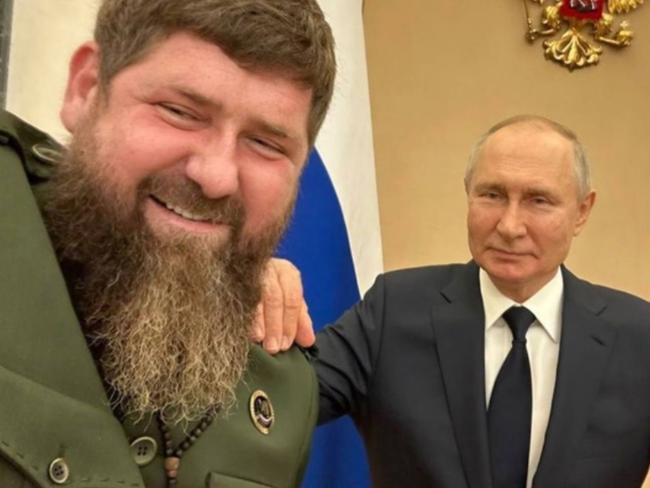 A plastic-looking Putin has been compared to a waxwork in his selfie with Kadyrov. Picture: Twitter / @DailyWorld24