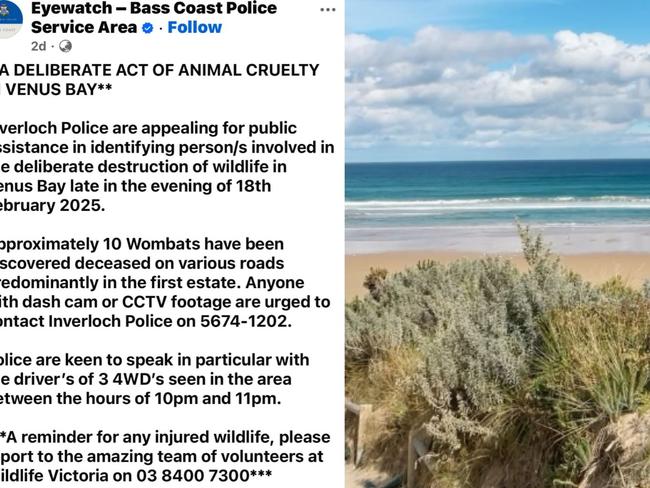 The community of Venus Bay in Victoria is reeling after a horrific act of animal cruelty. Picture: Facebook/Eyewatch – Bass Coast Police Service Area and Instagram/venusbayvictoria