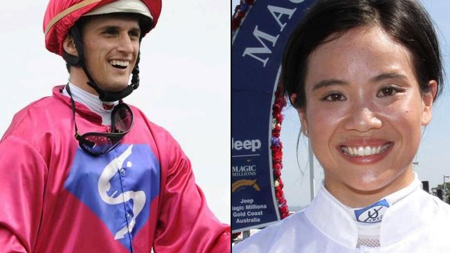 Jockeys Blake Spriggs (left) and Beany Panya (right) were involved in a fall at Moruya on Friday.