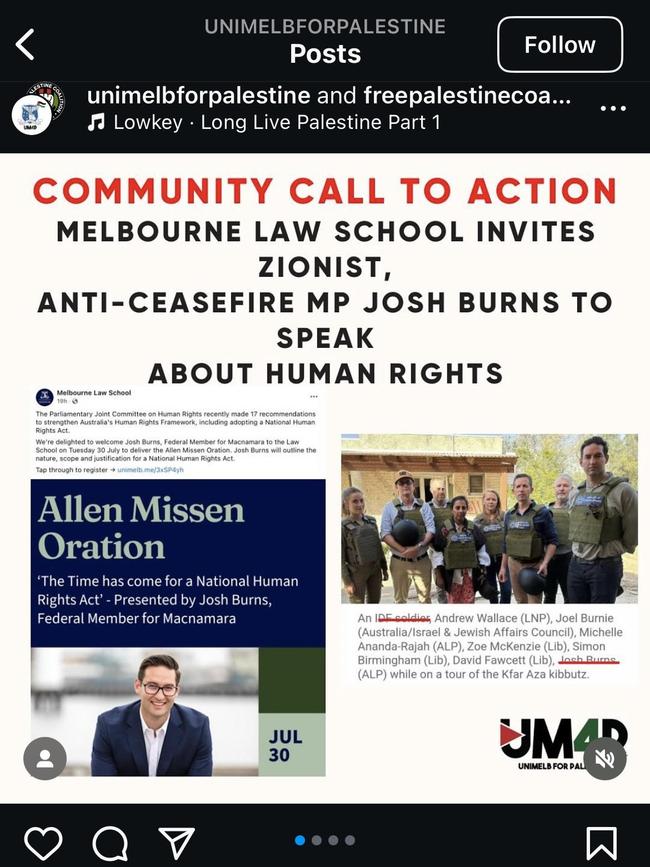 Uni Melb for Palestine's call-out to followers on social media. Picture: Instagram