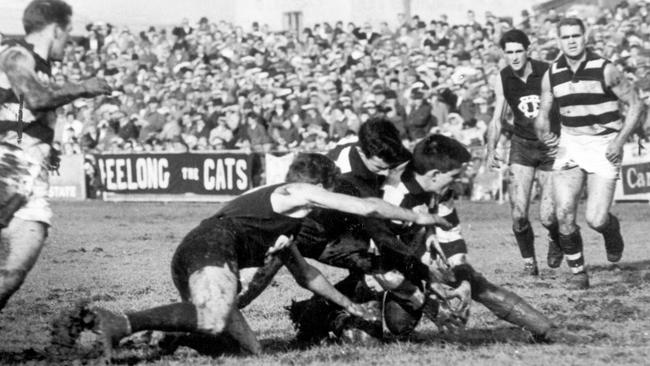 Fitzroy and Geelong players fight for the ball as Brian Clements and Polly Farmer watch on.