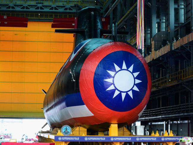 Taiwan's first locally built submarine is seen before Taiwan's President Tsai Ing-wen unveils it at the CSBC Corporation shipbuilding company in Kaohsiung on September 28, 2023. (Photo by Sam Yeh / AFP)