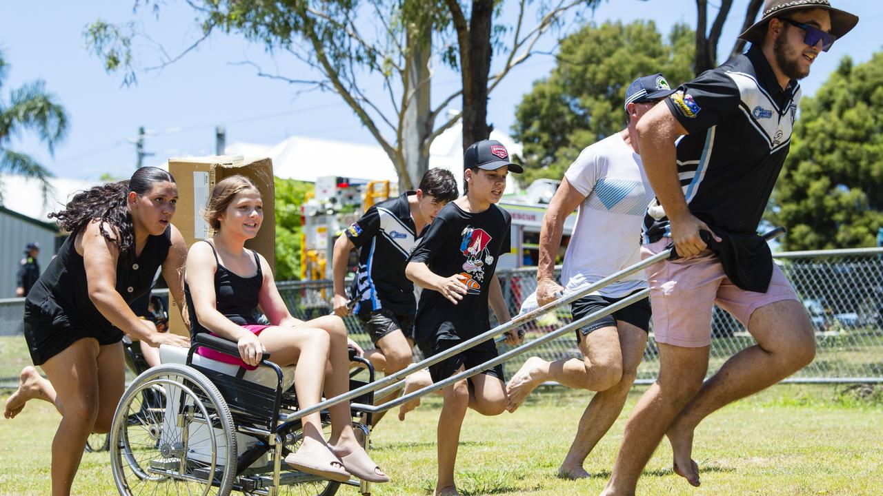 Competing in The Great Australia Day dunny race are (front team, from left) Poppie Collins, Peppa Collins and Jayden Lee at Oakey Australia Day celebrations in Arthur Shooter Park, Thursday, January 26, 2023. Picture: Kevin Farmer