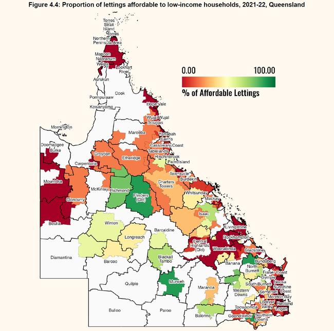 A map depicting the proportion of lettings affordable to low-income earners in Queensland. Picture: Supplied