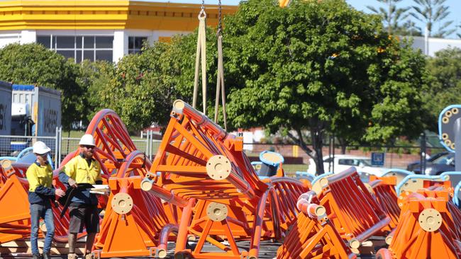 Dreamworld’s new rollercoaster is delivered to the car park. Picture Glenn Hampson