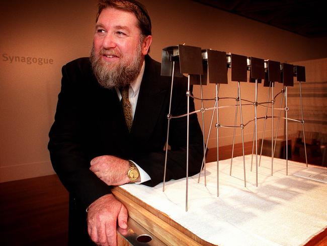 MAY 24, 2001 : Rabbi David Freilich with titanium & silver memorah at Perth Art Gallery 24/05/01. Pic Paul Hutton.Western Australia / Religion