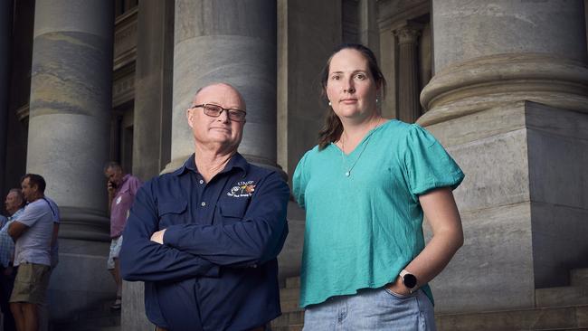 Farmers Andrew Kitto and Steph Schmidt at Parliament House in Adelaide, after calling for urgent drought assistance on Wednesday. Picture: Matt Loxton