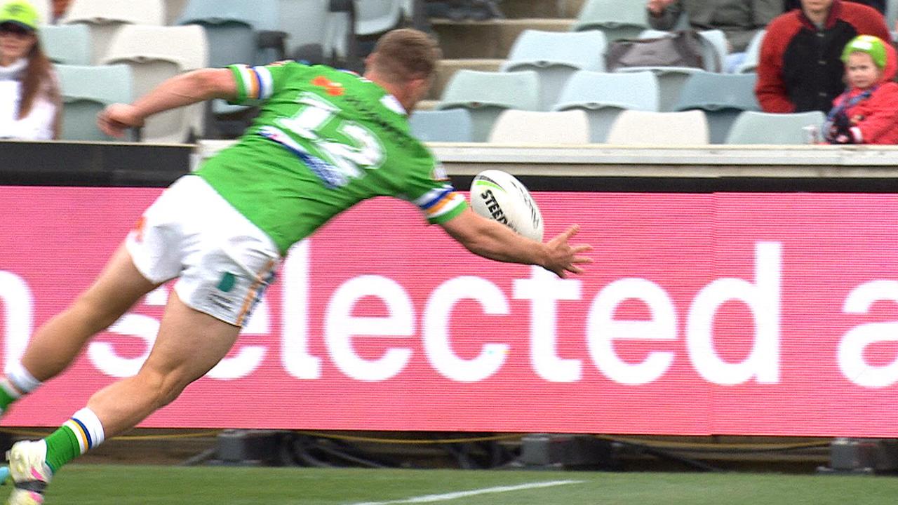 Elliott Whitehead bats the ball back for the Raiders first try.