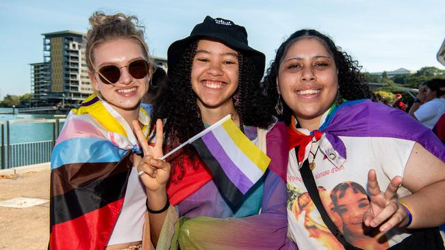 Jasper Mules, Olivia Wall and Harriet Beaton as Pride Parade takes off in Darwin City, 2024. Picture: Pema Tamang Pakhrin