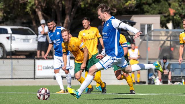 Modbury Jets attacker Shaun McGreevy, pictured last season, grabbed a goal and an assist in the draw with Adelaide United youth. Picture: Adam Butler