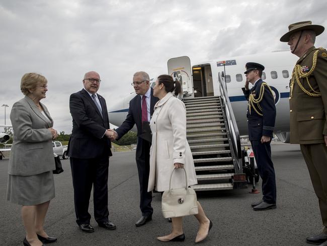 Scott Morrison and Jenny were greeted by George Brandis, QC High Commissioner to the United Kingdom, and British diplomat Kathryn Colvin. Picture: Ella Pellegrini