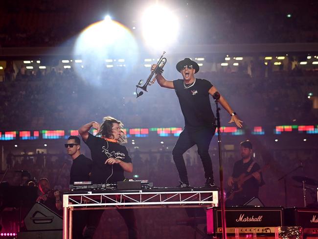 The Stafford Brothers and Timmy Trumpet performing at teh 2021 NRL grand final. Picture: NRL photos