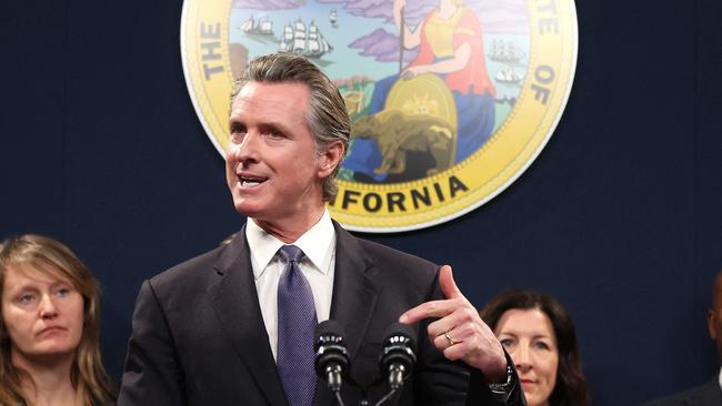 California Gov. Gavin Newsom speaks to reporters. Picture: Getty Images via AFP.