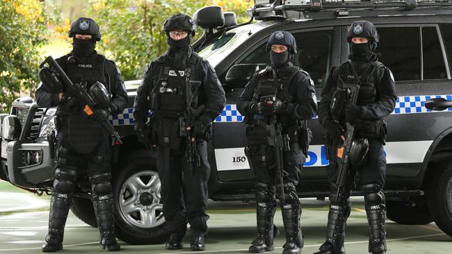 Queensland SERT and riot squad members during a press conference  about the proposed counter terrorism training facility. Picture: Tim Marsden