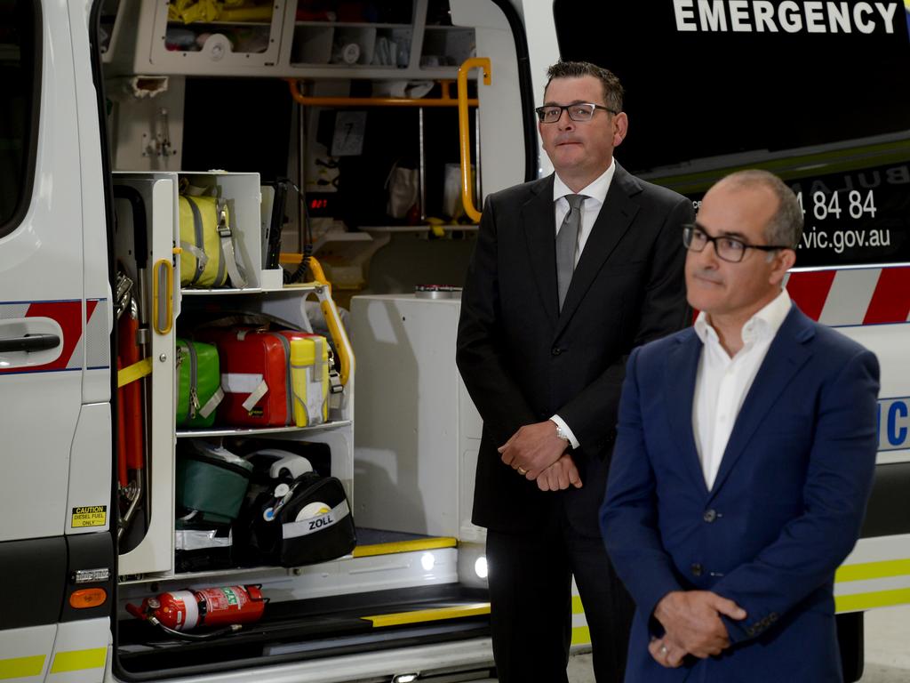 Victorian Premier Daniel Andrews and James Merlino, Minister for Mental Health, at North Melbourne Ambulance station. Picture: Andrew Henshaw