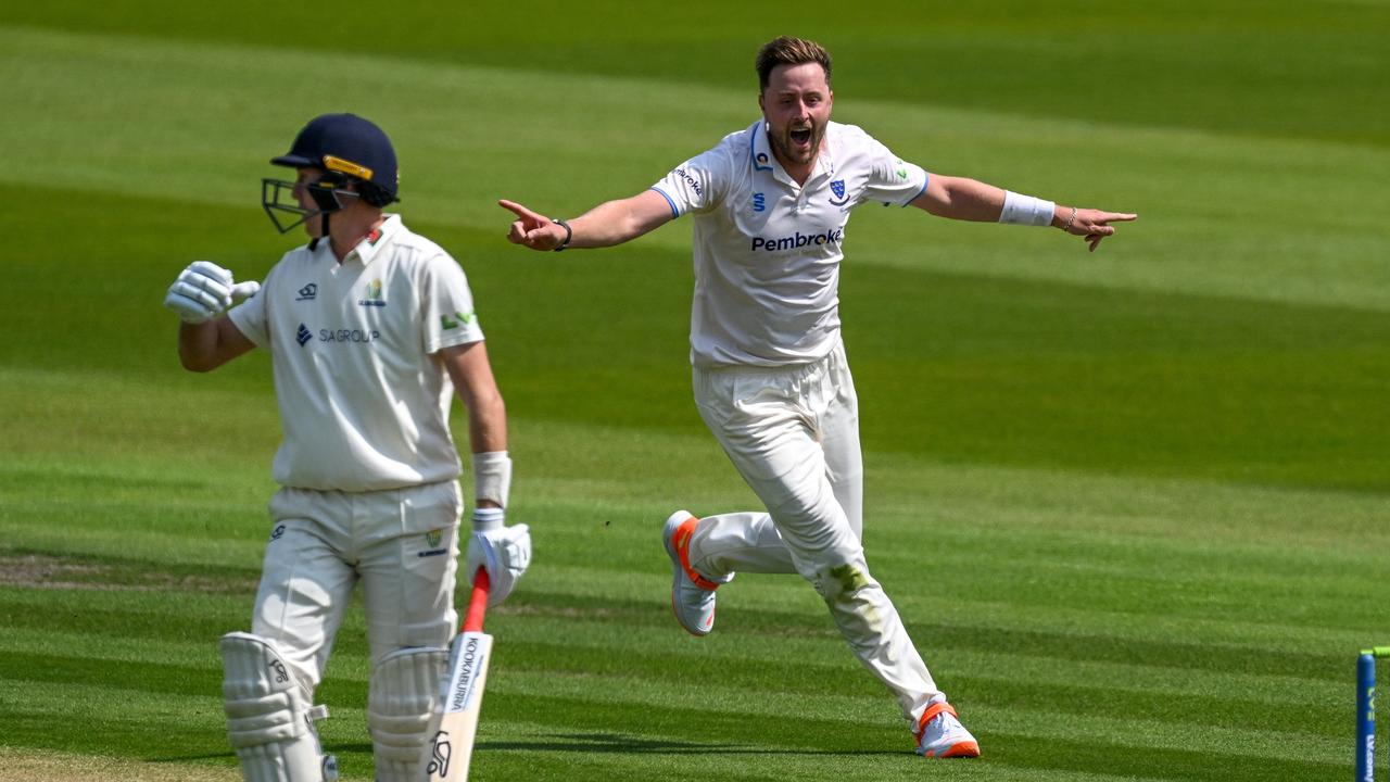 Ollie Robinson celebrates after sending Marnus Labuschagne packing for just one run. (Photo by Mike Hewitt/Getty Images)