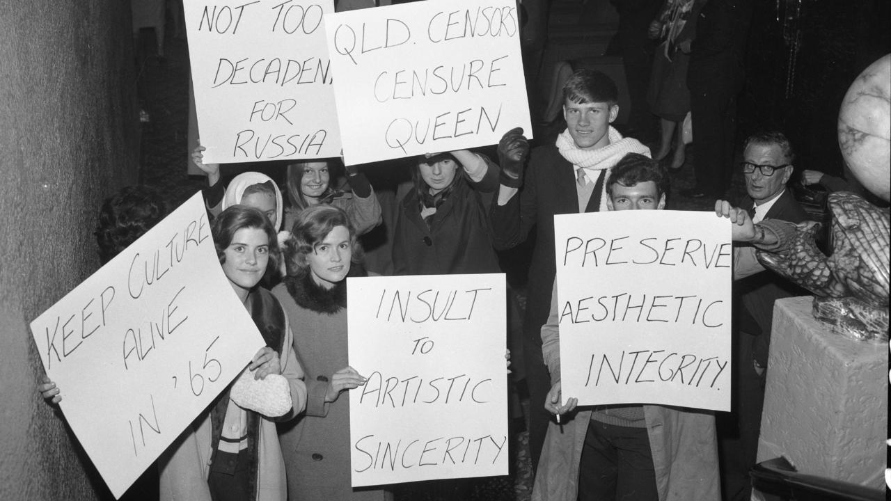 Students protest at Her Majestys Theatre after Les Ballets Africains performers were forced to cover up. Picture: Ray Saunders