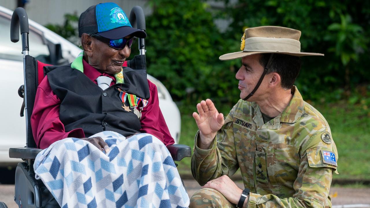 Chief of Army Lieutenant General Simon Stuart AO DSC speaks with World War Two veteran Mr Awati Mau before the Torres Strait Island Light Infantry Battalion 80th anniversary parade held at Thursday Island. Picture: Supplied