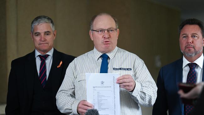 BRISBANE, AUSTRALIA - NewsWire Photos - MAY 22, 2024. (L to R) Robbie Katter, Shane Knuth and Nick Dametto from the Katterâ&#128;&#153;s Australian Party during a press conference at Parliament House in Brisbane. Picture: NewsWire / Dan Peled