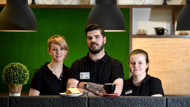 Manager Belinda Eastham, Josh Whitford, Ally Cockrell, all work at Foodtopia - a cafe which is on North Terrace across from the Royal Adelaide Hospital. Picture: Sam Wundke