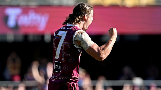 Jarrod Berry celebrates after kicking a goal during the Lions’ win over the Giants. Picture: Bradley Kanaris/Getty Images