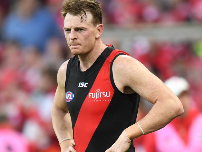 Brendon Goddard of the Bombers gestures at the end of the second quarter during the AFL elimination final match between the Sydney Swans and Essendon Bombers at the Sydney Cricket Ground (SCG) in Sydney, Saturday, September 9, 2017. (AAP Image/David Moir) NO ARCHIVING, EDITORIAL USE ONLY