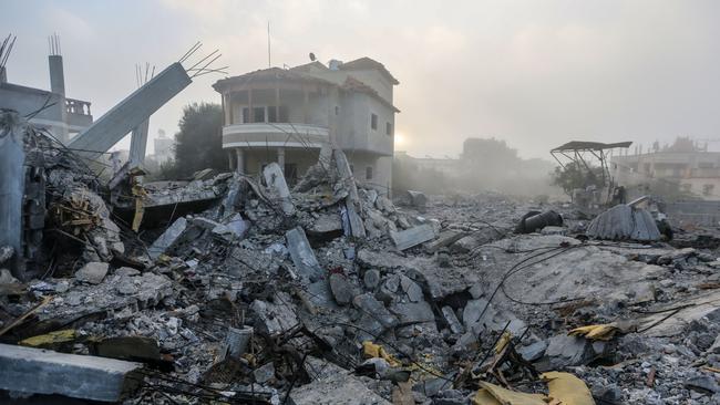 The wreckage of buildings, destroyed during Israeli air raids in the southern Gaza Strip.