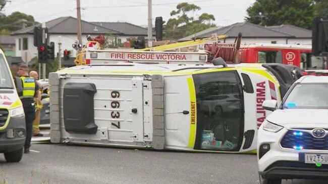 An ambulance ended up on its side while carrying a patient on February 1. Picture: 9news.