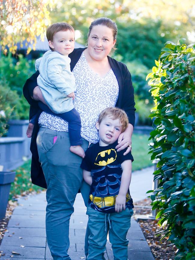 Kahlia Smith from Kings Meadows is relieved the fundraising target for her husband's bowel cancer treatment has been reached. Pictured with her children Thea, 1, and Fletcher, 3. Picture: PATRICK GEE