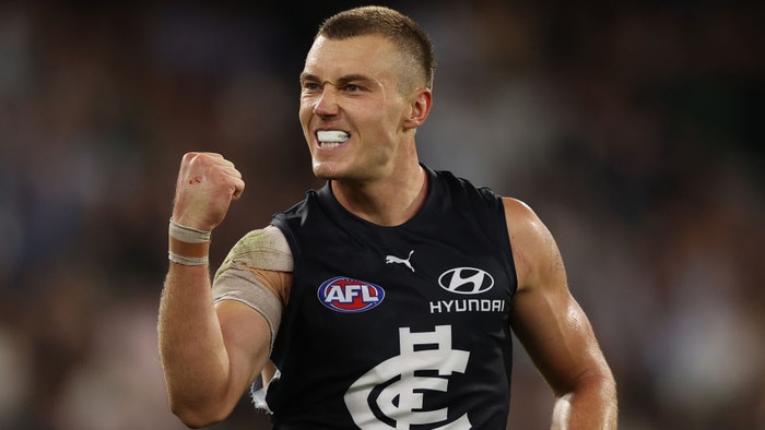 MELBOURNE, AUSTRALIA - MARCH 17: Patrick Cripps of the Blues celebrates after scoring a goal during the round one AFL match between the Richmond Tigers and the Carlton Blues at Melbourne Cricket Ground on March 17, 2022 in Melbourne, Australia. (Photo by Robert Cianflone/Getty Images)