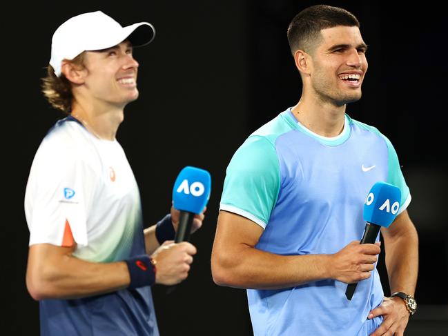 Alex de Minaur beat Carlos Alcaraz in their charity match on Wednesday. Picture: Getty