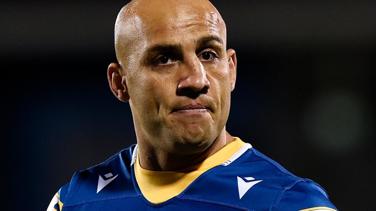 Blake Ferguson of the Eels watches on during the warm-up before the NRL Semifinal match between the Penrith Panthers and the Parramatta Eels at BB Print Stadium on September 18, 2021 in Mackay, Australia. (Photo by Matt Roberts/Getty Images)