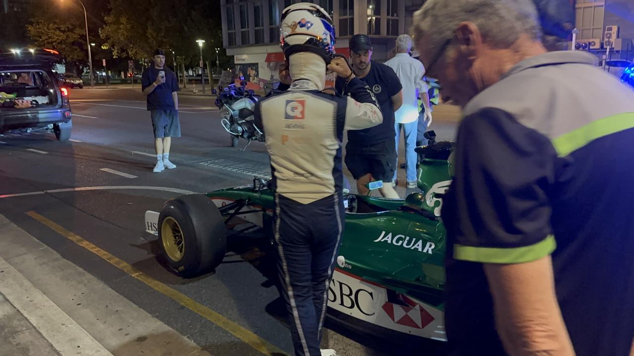 The R2 had a pit stop on Franklin St with a small crowd gathering around the iconic open-wheeled race car. Picture: Leon Georgiou