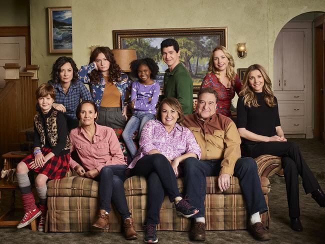 Roseanne with her co-stars in the rebooted sitcom, which has been a massive hit in the US. Picture: ABC