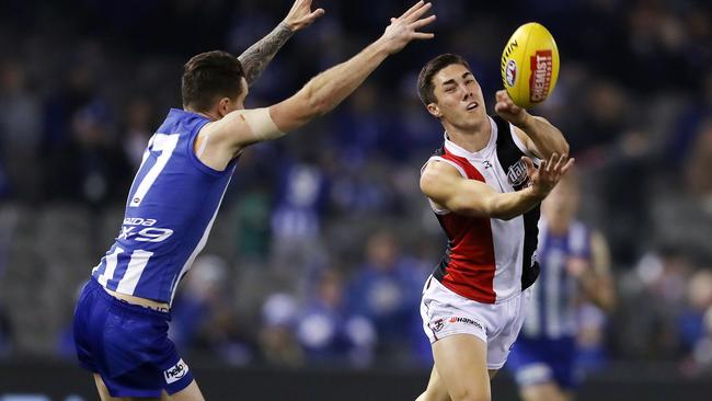 St Kilda’s Jade Gresham clears by hand. Picture: Michael Klein