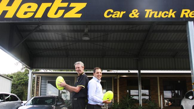 SPORTING SPONSORSHIP: Hertz Lismore sales and marketing manager Nathan Box (right) said sponsoring community sporting clubs such as the Lismore Swans AFC which is coached by employee Ashley Prichard, is an important role small businesses play in the community. Photo: Alison Paterson