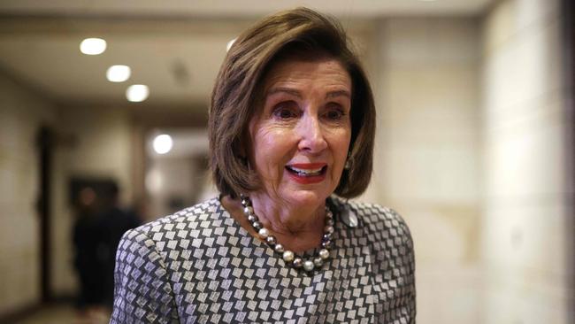 Nancy Pelosi speaks to members of the press after a members-only classified briefing on TikTok. Picture: Getty Images via AFP.